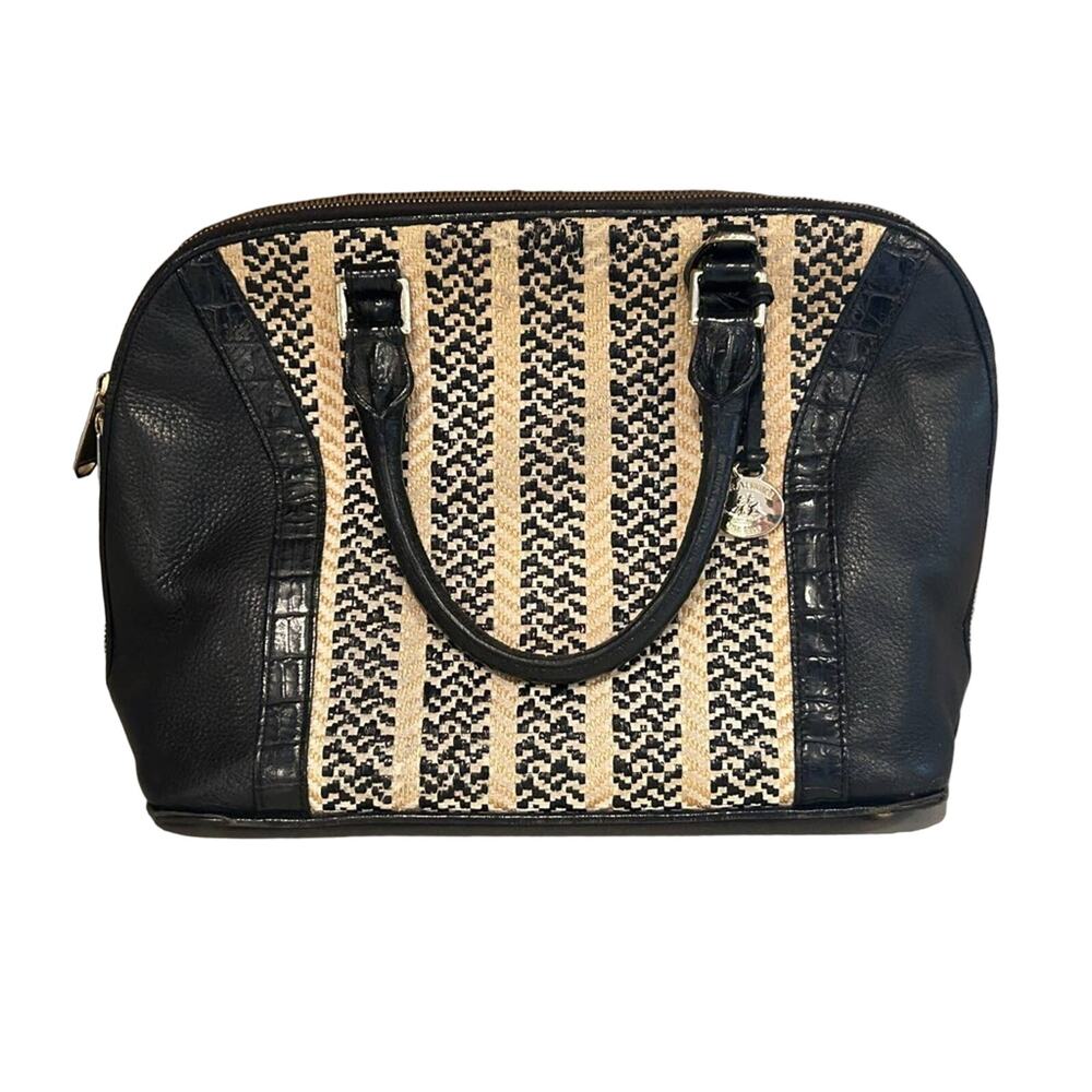 Brahmin Vivian Saint Tropez Black Leather Woven Straw Raffia Satchel Cream Med